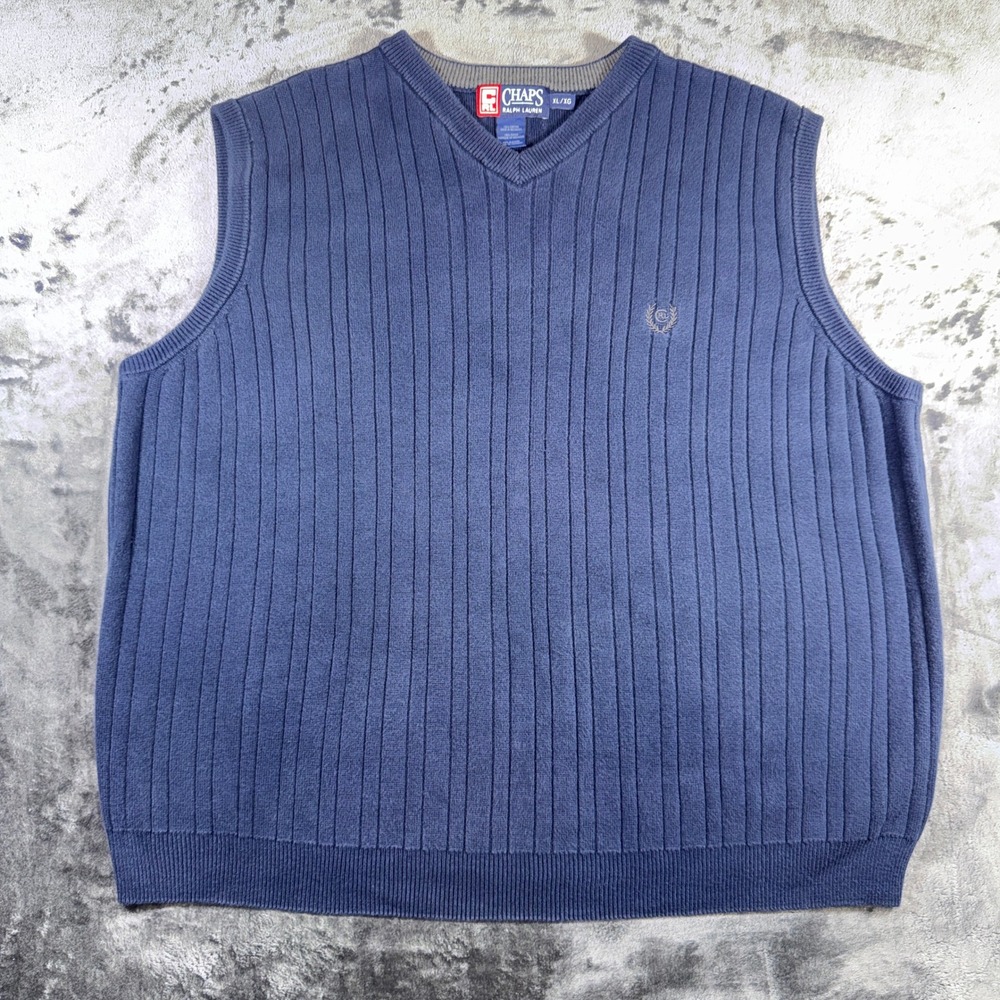Chaps Ralph Lauren Mens XL Blue Ribbed V-Neck 100% Cotton Sweater Vest Logo
